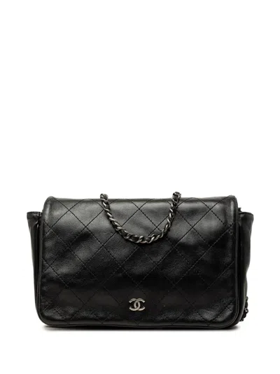 Pre-owned Chanel 2013-2014 Cc Quilted Lambskin Full Flap Wallet On Chain Crossbody Bag In Black