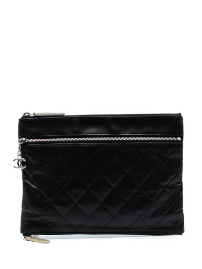 Pre-owned Chanel 2013-2014 Cc Quilted Lambskin Multi Zip Clutch Bag In Black