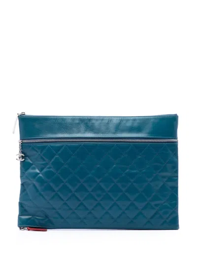 Pre-owned Chanel 2013-2014 Cc Quilted Lambskin Multi Zip Clutch Bag In Blue