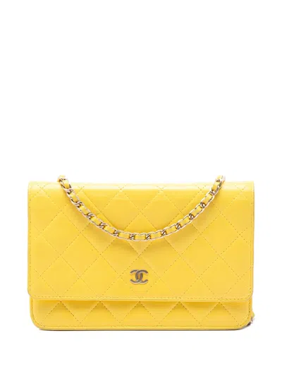 Pre-owned Chanel 2013-2014 Cc Quilted Lambskin Wallet On Chain Crossbody Bag In Yellow