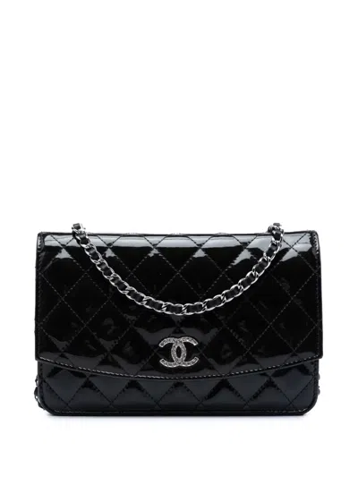 Pre-owned Chanel 2013-2014 Cc Quilted Patent Brilliant Wallet On Chain Crossbody Bag In Black
