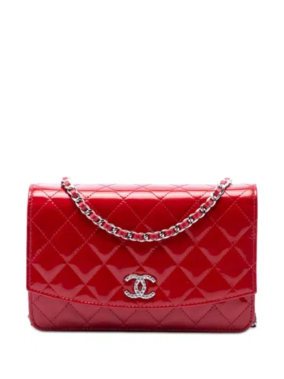 Pre-owned Chanel 2013-2014 Cc Quilted Patent Brilliant Wallet On Chain Crossbody Bag In Red