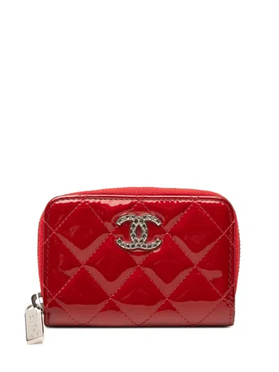 Pre-owned Chanel 2013-2014 Cc Quilted Patent Brilliant Zip Around Coin Pouch In Red
