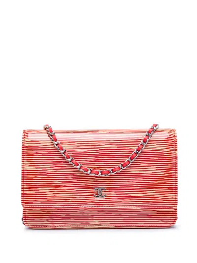 Pre-owned Chanel 2013-2014 Cc Striped Patent Wallet On Chain Crossbody Bag In Red