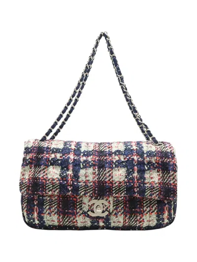 Pre-owned Chanel 2013-2014 Cc Tweed Print Nylon Single Flap Shoulder Bag In Blue
