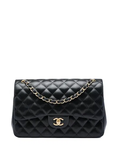 Pre-owned Chanel 2013-2014 Jumbo Classic Lambskin Double Flap Shoulder Bag In Black