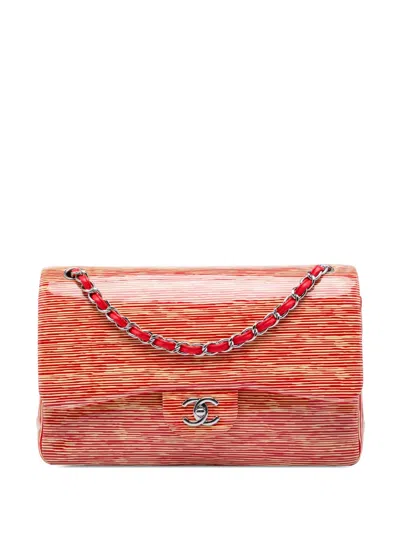 Pre-owned Chanel 2013-2014 Jumbo Classic Patent Striped Double Flap Shoulder Bag In Red