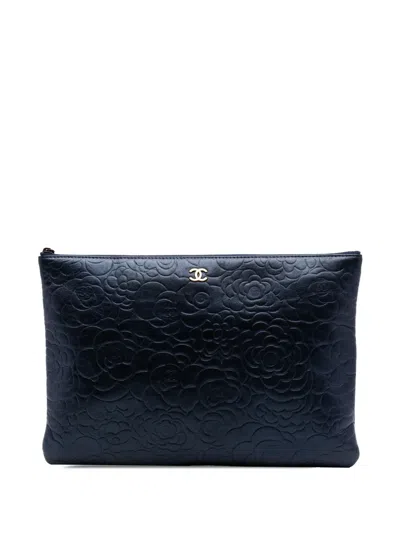 Pre-owned Chanel 2013-2014 Large Embossed Lambskin Camellia O Case Clutch Bag In Blue