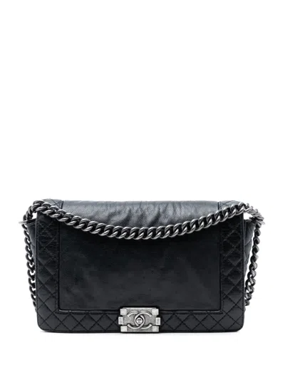 Pre-owned Chanel 2013-2014 Medium Calfskin Boy Reverso Flap Crossbody Bag In Black