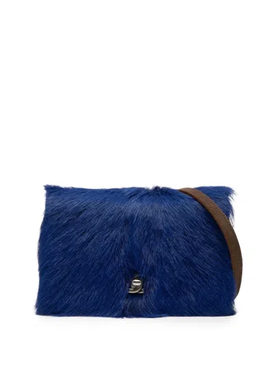 Pre-owned Chanel 2013-2014 Paris Edinburgh Fur And Distressed Leather Wallet On Chain Crossbody Bag In Blue