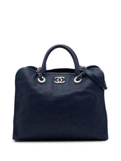 Pre-owned Chanel 2013-2014 Perforated Calfskin Up In The Air Tote Satchel In Blue