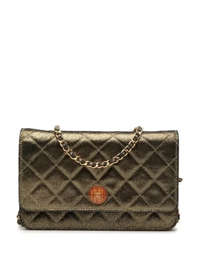 Pre-owned Chanel 2013-2014 Quilted Iridescent Lambskin Tartan Button Wallet On Chain Crossbody Bag In Gold