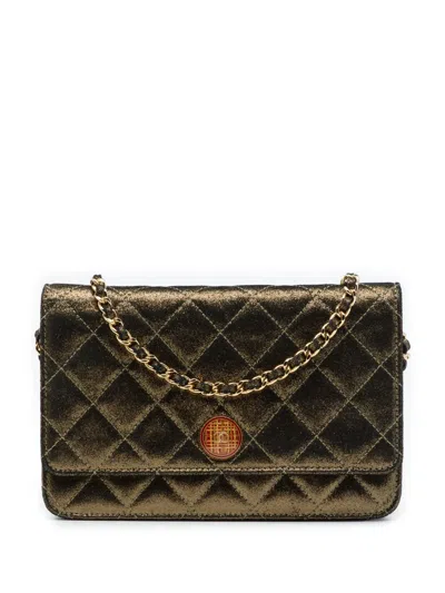 Pre-owned Chanel 2013-2014 Quilted Iridescent Lambskin Tartan Button Wallet On Chain Crossbody Bag In Gold