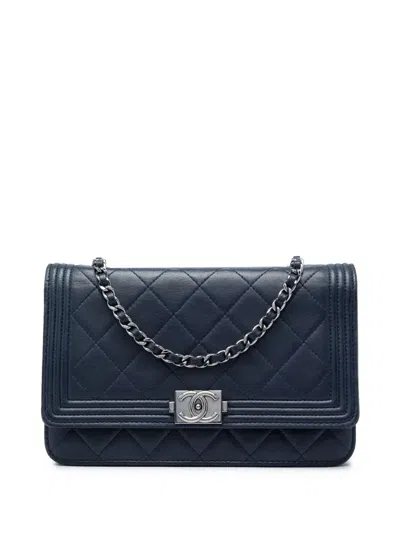 Pre-owned Chanel 2013-2014 Quilted Lambskin Boy Wallet On Chain Crossbody Bag In Blue