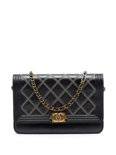 Pre-owned Chanel 2013-2014 Quilted Lambskin Double Stitch Boy Wallet On Chain Crossbody Bag In Black