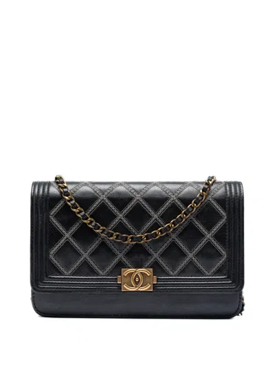 Pre-owned Chanel 2013-2014 Quilted Lambskin Double Stitch Boy Wallet On Chain Crossbody Bag In Black