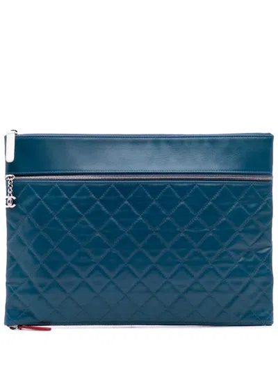 Pre-owned Chanel 2013-2014 Quilted Lambskin Multi Zip Case Clutch Bag In Blue