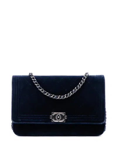 Pre-owned Chanel 2013-2014 Quilted Velvet Boy Wallet On Chain Crossbody Bag In Blue