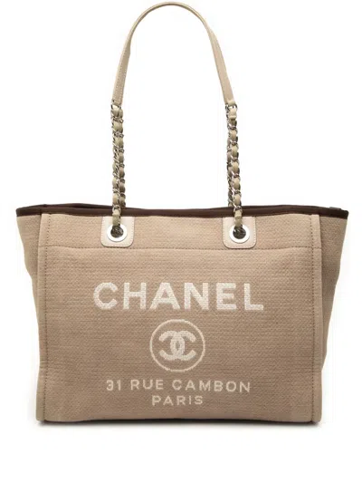 Pre-owned Chanel 2013-2014 Small Canvas Deauville Tote Bag In Brown