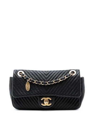 Pre-owned Chanel 2013-2014 Small Chevron Wrinkled Calfskin Medallion Charm Surpique Flap Shoulder Bag In Black