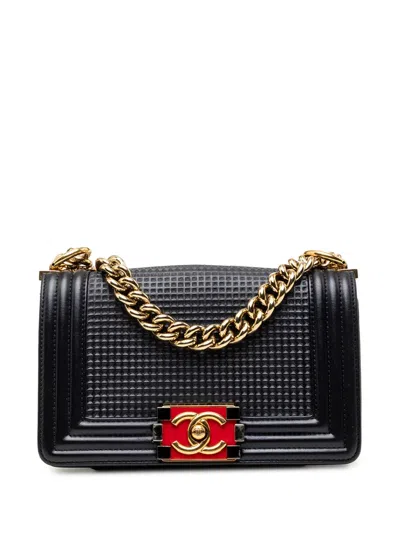 Pre-owned Chanel 2013-2014 Small Lambskin Embossed Cube Boy Flap Crossbody Bag In Blue