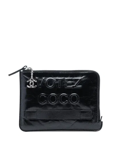 Pre-owned Chanel 2014-2015 Aged Calfskin Votez Coco Clutch Bag In Black