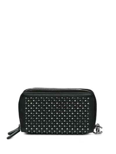 Pre-owned Chanel 2014-2015 Bull Leather Studded Zip Wallet Long Wallets In Black