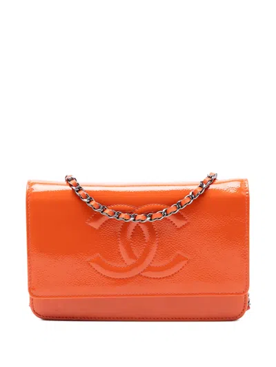 Pre-owned Chanel 2014-2015 Cc Patent Caviar Wallet On Chain Crossbody Bag In Orange