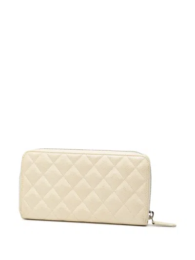 Pre-owned Chanel 2014-2015 Cc Quilted Iridescent Caviar Zip Around Wallet Long Wallets In White