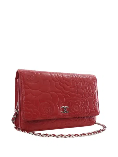 Pre-owned Chanel 2014-2015 Embossed Lambskin Camellia Wallet On Chain Crossbody Bag In Red