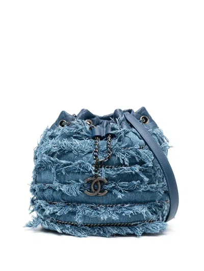 Pre-owned Chanel 2014-2015 Fringed Denim Bucket Bag In Blue