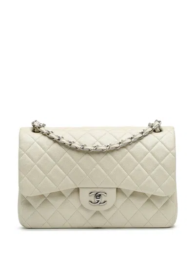 Pre-owned Chanel 2014-2015 Jumbo Classic Caviar Double Flap Shoulder Bag In White