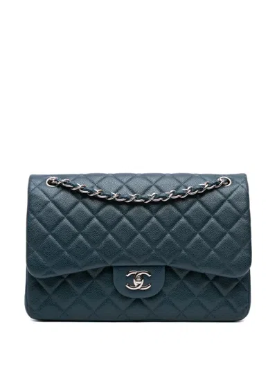 Pre-owned Chanel 2014-2015 Jumbo Classic Iridescent Caviar Double Flap Shoulder Bag In Blue