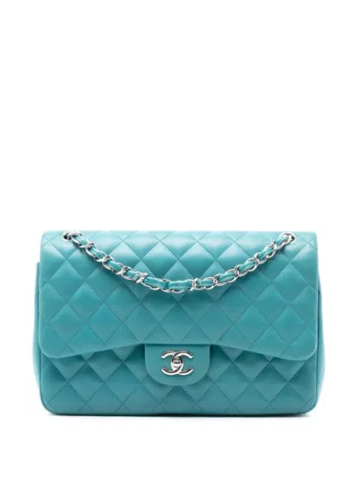 Pre-owned Chanel 2014-2015 Jumbo Classic Lambskin Double Flap Shoulder Bag In Blue