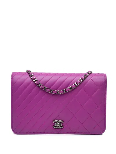 Pre-owned Chanel 2014-2015 Lambskin Coco Boy Wallet On Chain Crossbody Bag In Purple
