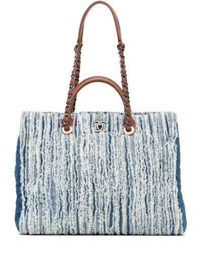 Pre-owned Chanel 2014-2015 Large Fringed Denim Shopping Tote Satchel In Brown