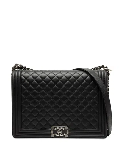 Pre-owned Chanel 2014-2015 Large Quilted Lambskin Boy Flap Crossbody Bag In Black