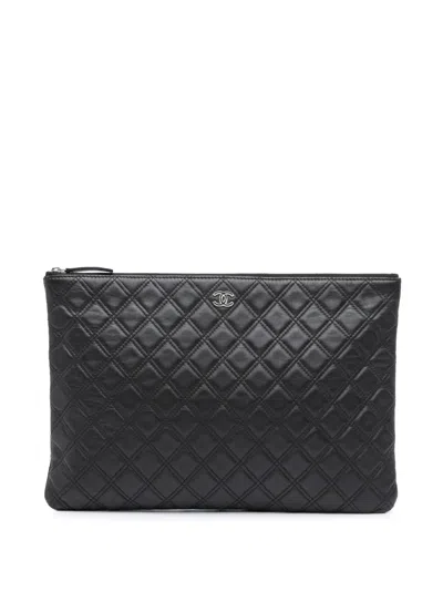 Pre-owned Chanel 2014-2015 Large Quilted Lambskin Double Stitch O Case Clutch Bag In Black