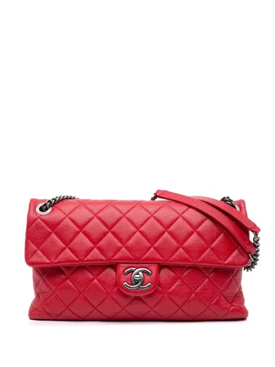 Pre-owned Chanel 2014-2015 Large Quilted Shiny Lambskin Burgundy Rocks Flap Shoulder Bag In Red