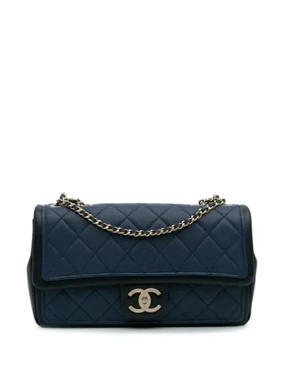 Pre-owned Chanel 2014-2015 Medium Bicolor Calfskin Graphic Flap Shoulder Bag In Blue