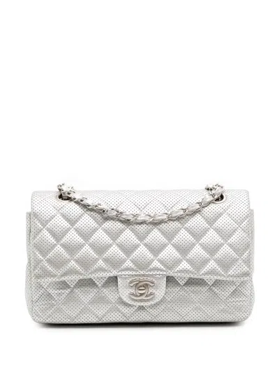 Pre-owned Chanel 2014-2015 Medium Classic Perforated Lambskin Double Flap Shoulder Bag In Silver