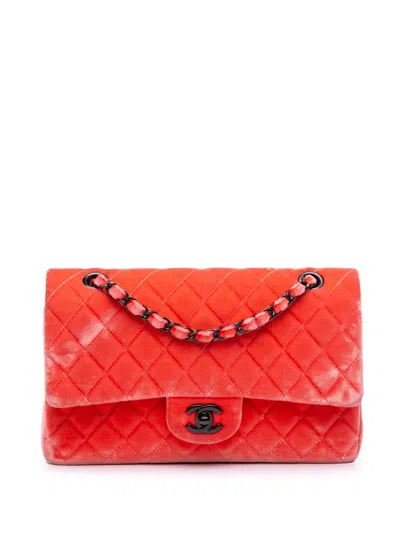 Pre-owned Chanel 2014-2015 Medium Classic Velvet Double Flap Shoulder Bag In Red