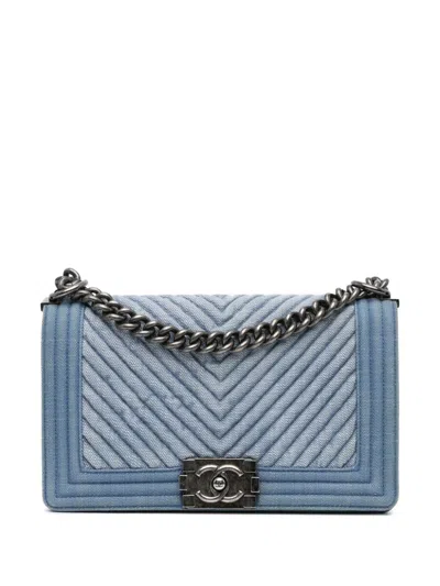 Pre-owned Chanel 2014-2015 Medium Denim Chevron Boy Flap Crossbody Bag In Blue