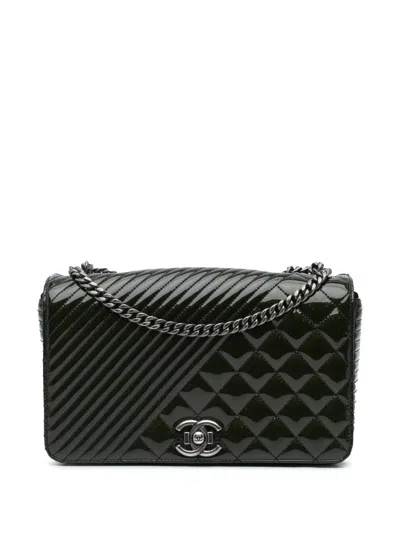 Pre-owned Chanel 2014-2015 Medium Patent Coco Boy Flap Shoulder Bag In Black