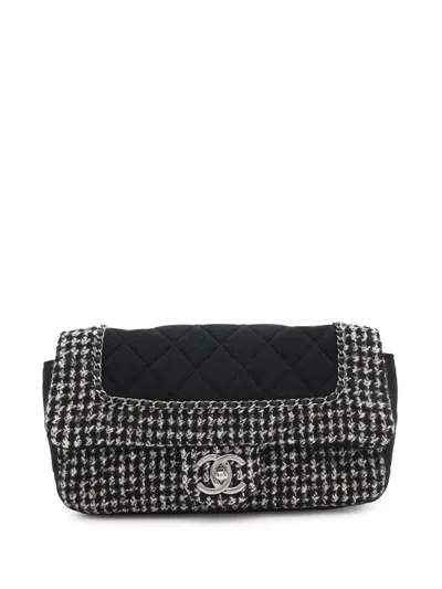 Pre-owned Chanel 2014-2015 Medium Quilted Jersey And Tweed Chain Flap Shoulder Bag In Black