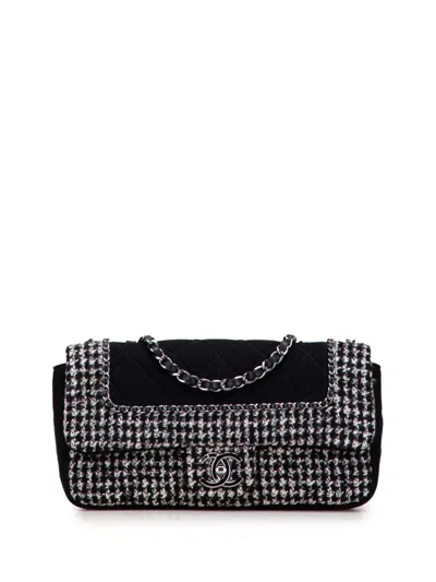 Pre-owned Chanel 2014-2015 Medium Quilted Jersey And Tweed Chain Flap Shoulder Bag In Black