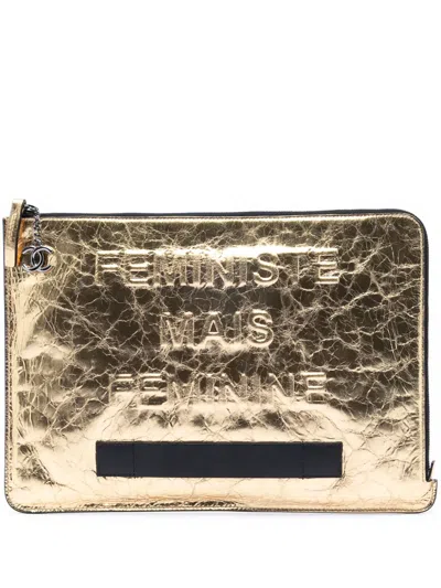 Pre-owned Chanel 2014-2015 Metallic Crinkled Calfskin Feministe Mais Feminine Pouch Clutch Bag In Gold