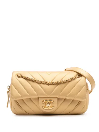 Pre-owned Chanel 2014-2015 Mini Quilted Chevron Lambskin Camera Case Flap Crossbody Bag In Gold