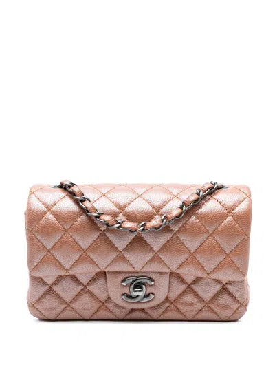 Pre-owned Chanel 2014-2015 Mini Rectangular Classic Metallic Caviar Single Flap Crossbody Bag In Pink