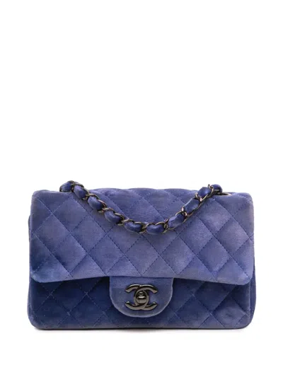 Pre-owned Chanel 2014-2015 Mini Rectangular Classic Velvet Single Flap Crossbody Bag In Blue